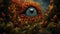 Otherworldly surreal eye merging with vibrant fall foliage blurring line between reality