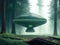 An otherworldly UFO gracefully hovers over a lush Forest.