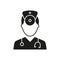 Otolaryngologist Doctor Silhouette Icon. Otolaryngology Medic Staff with Stethoscope, Mirror Black Pictogram. Ear, Nose