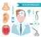 .Otolaryngology icon set, flat style. Doctor treating ear, throat, nose. ENT collection of design elements, isolated on