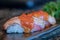 Otoro Miso Aburi sushi.Japanese Otoro Sushi or torched Fatty Tuna fish Sushi.