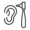 Otoscope and human ear line icon, medical concept, Examination by otolaryngologist sign on white background, otoscope