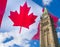 Ottawa Parliament Clock Tower with flag in sky