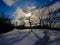 Ottawa river pathway covered in snow with bare tree silhouettes against birght sunlight