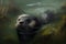 otter diving in murky waters, its black eyes visible