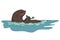 Otter on the hunt, holding and eating fish, swimming on its back, cute predatory wild animal, vector character.