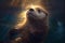 otter swimming underwater, its whiskers and fur glistening in the light