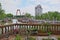 Oudehaven Harbor with historical houseboats viewed from a balcony, with the White House Witte Huis