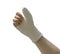 oung man hand in cast with fractured thumb bone awaits healing on white