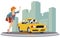 Oung woman catching car on city street. Illustration for internet and mobile website