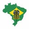 Our Lady Aparecida. Brazil map with flag background.