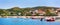 Ouranoupolis town panorama, harbor, boats at Athos, Greece