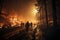 Out-of-control forest fire, brave firefighters working the night shift