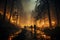 Out-of-control forest fire, brave firefighters working the night shift