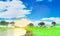 Out of focus backgrounds in a wide meadow. There are cows walking to eat grass. The sky is clear. Extensive grassland scenery. 3D