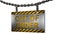 Out of order lettering on metal tag hanging from an iron chain with black yellow edge