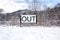 Out sign in snowy landscape, lonely walk in nature, active lifestyle change concept, mind body soul improvement