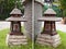 In and out signs on Asian wooden lanterns in a shape of pagoda