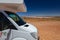 Outback, Australia - November 12, 2022: Motorhome camper van on road trip. People on travel vacation adventure. Tourists in rental