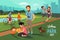 Outdoor activities in urban park. Happy family with kid, runners couple, Vector background