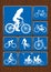 Outdoor activity icons set: woman on bicycle, cycling, family on walk, old bicycle. Icons in blue color on wooden background