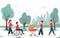 Outdoor activity. People walking in the city park. Mom with a baby carriage, woman in wheelchair with an accompanying person,