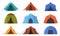 Outdoor adventure camping touristic sleeping tents. Hiking, travel recreation tourist rest tents vector illustration set