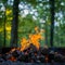 Outdoor ambiance Campfire flickers over vibrant green background