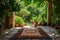 An outdoor area featuring a rug and potted plants arranged in a neat and inviting manner, A prayer mat in a serene garden, AI