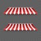 Outdoor awnings. Striped tents or textile roof for marketplace. Red and white sunshade. Vector illustration