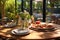 outdoor backyard table setting with grilled pizzas and drinks