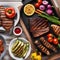 An outdoor barbecue with various meats and grilled vegetables2