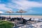 Outdoor beach chair and umbrella with seascape beach view with white clouds blue sky at Huahin beach