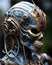 An outdoor bronze statue of a robot wearing a mysterious mask