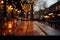 Outdoor cafes bokeh glow adorns vacant wooden table, ambiance in stillness