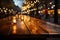 Outdoor cafes bokeh glow adorns vacant wooden table, ambiance in stillness