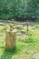 Outdoor camp fireplace near river water, rocks and green grass