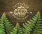 \'Outdoor camp, your best vacation\' sign with green fern leafs on wooden background.