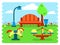 Outdoor card with kids playground equipment and bench