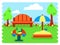 Outdoor card with kids playground equipment and bench