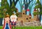 Outdoor castle scene with king and queen cartoon character