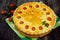 Outdoor chicken pie, shortcrust pastry and cheese and egg filling