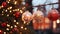 outdoor christmas decorations in city square. close up image of illuminated christmass trees with garlands, fairy lights and balls