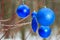 Outdoor Christmas decorations with deep blue sparkles bauble ornaments hanging on tree red branches