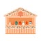 Outdoor Christmas fair, holiday market with gift Christmas figure, exterior shop in small house. Wooden kiosks with
