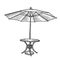For an outdoor coffee table with an umbrella. Open parasol tent with round table. Hhand drawn sketch Vector illustration. Black