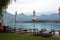 Outdoor courtyard of resort on the shore of Lake St. Wolfgang, Austria