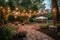 outdoor dance floor illuminated by lanterns and string lights in garden setting