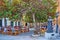 Outdoor dining at La Perla de Cadiz monument, Cadiz, Spain