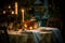 outdoor dinnertime scene with candlelight, fine china, and elegant table setting